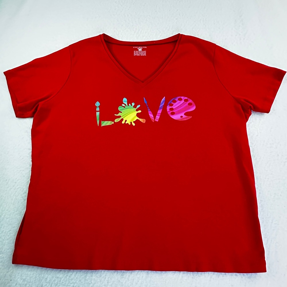 Jones New York Sport V-Neck Tee 2X Red Rainbow Art at Love Graphic  Colorful